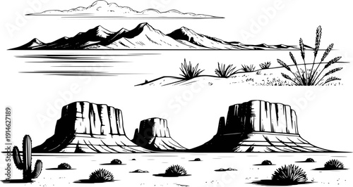 Black and white line desert landscape with mesas cacti and distant mountains butte