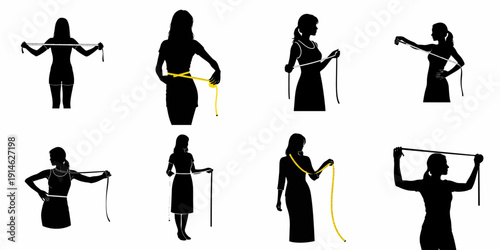 Set of eight female silhouettes measuring different body parts with tape measures, illustrating fitness progress, tailoring, and body awareness.