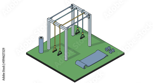 Isometric view of an outdoor gym with various exercise equipment.