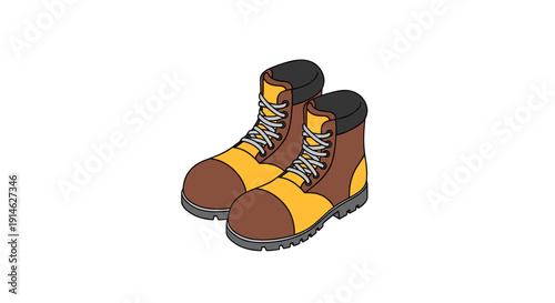 Pair of sturdy brown and yellow work boots with laces.