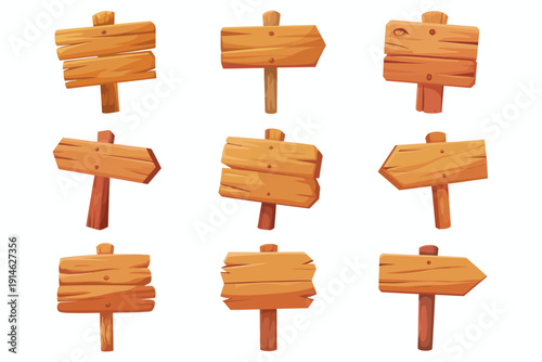 Collection of cartoon wooden directional signs and signposts with varied shapes and orientations