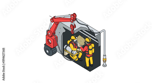Rescue operation in confined space with specialized equipment and emergency personnel.