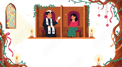 Catholic priest administers the sacrament of penance to a woman.