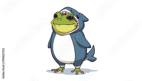 A frog dressed as a shark, isolated vector illustration. Standing humanized frog in a shark costume.