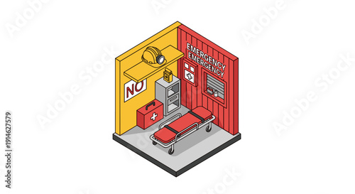 Isometric illustration of a medical examination room with a stretcher and equipment.