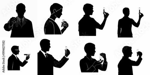 Silhouettes of Male Scientists and Doctors Examining Test Tubes: A Collection Illustrating Medical Research, Chemistry, and Laboratory Analysis.