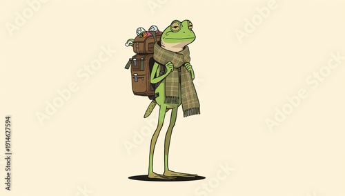 A traveler frog, vector illustration. Humanized backpacker frog ready for adventures.