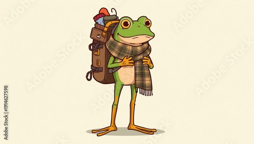 A traveler frog, vector illustration. Humanized backpacker frog ready for adventures.