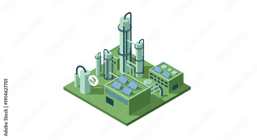 Obraz premium Isometric Industrial Plant with Towers and Solar Panels.