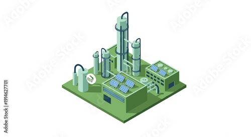 Isometric Industrial Plant with Towers and Solar Panels.
