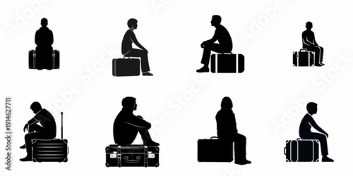 Set of eight black silhouettes depicting travelers or waiting passengers resting or sitting on their luggage against a white background, symbolizing journey, delay, or loneliness.