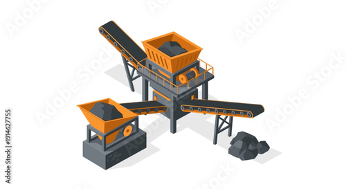 Isometric view of a coal mining and processing plant with conveyor belts and crushers.