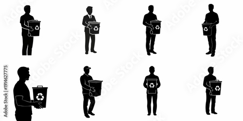 Collection of male silhouettes holding recycling bins, representing environmental protection, waste management, and sustainable living concept illustrations.