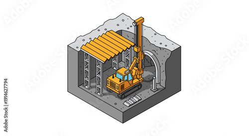 Isometric view of a drilling rig operating within a tunnel construction site.