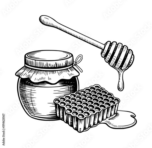 Hand Drawn Honey Jar Honeycomb and Dripping Honey Dipper White Background