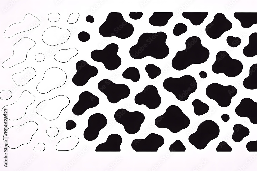 Fototapeta premium Abstract gradient pattern of animal spots in monochrome, transitioning from subtle outlines to bold, solid shapes for a dynamic visual background