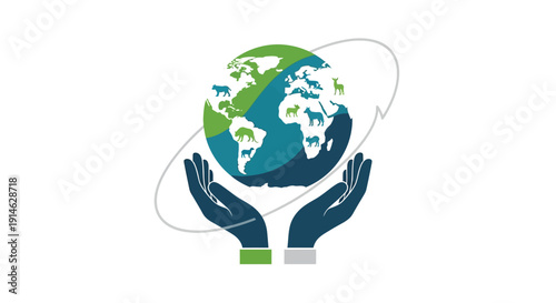 Flat minimalist illustration of hands cradling a globe on World Wildlife Day, symbolizing wildlife and nature conservation concept.