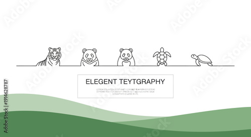 Flat minimalist illustration of various wildlife animals including a tiger, bear, panda, turtle, and dolphin, with a green landscape and a corporate design element for World Wildlife Day