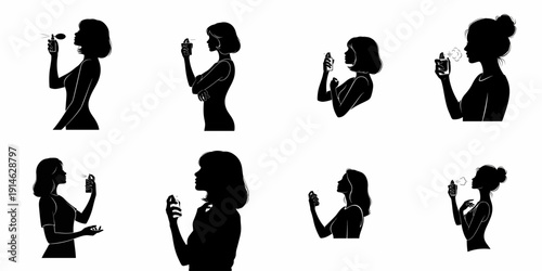 Vector silhouettes collection of beautiful women applying perfume and fragrance spray, symbolizing beauty, hygiene, and body care routine.