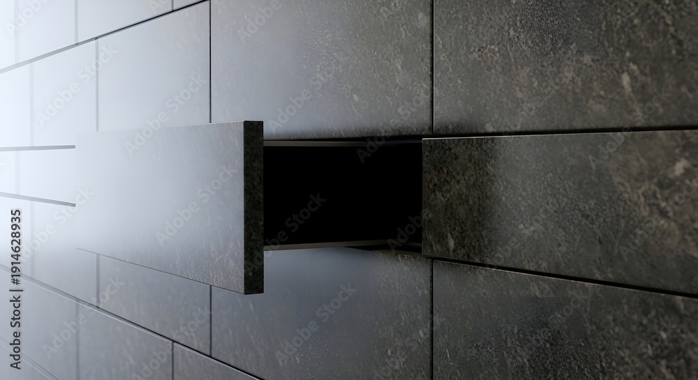 Obraz premium Modern dark stone wall with a hidden drawer or opening, minimalist design