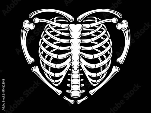 White human rib cage and arm bones forming a heart shape black background skeleton
