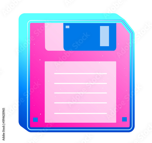Retro Floppy Disk Data Storage Device Illustration Graphic Design. An illustration of a pink and blue floppy disk, representing obsolete computer data storage, with retro style and bright colors.
