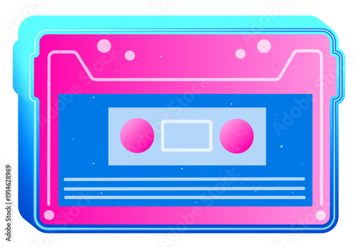 Retro Neon Pink and Blue Cassette Tape Audio Music Illustration. An illustration of a retro audio cassette tape in neon pink and blue colors, perfect for music themed designs, retro concepts, or 80s 