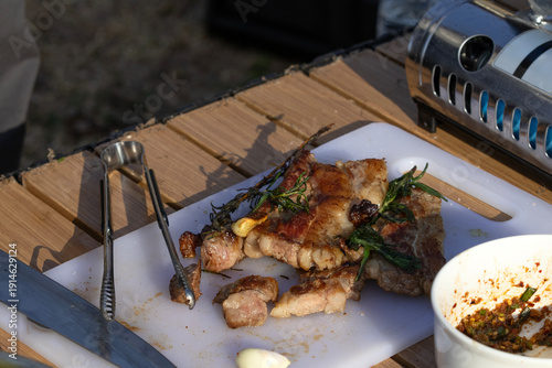 Morning Grilled Beef at Camping Tent – Outdoor Barbecue Breakfast in Nature