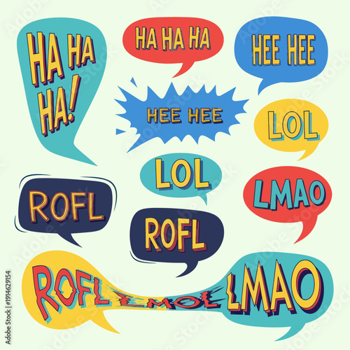 Collection of colorful speech bubbles with various internet slang and laughter expressions.