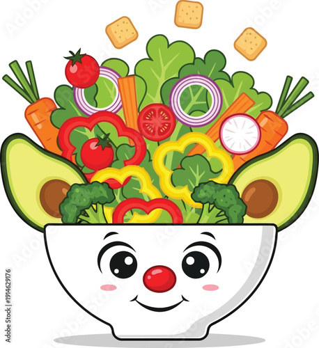 Cartoon salad bowl with happy face and falling croutons