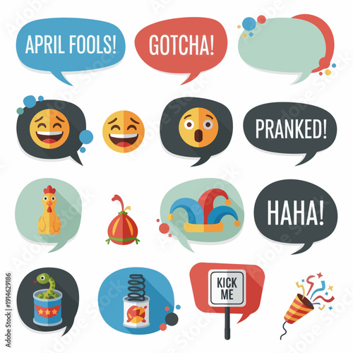 Collection of colorful speech bubbles and emojis for April Fools pranks and jokes.
