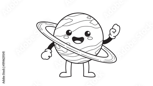 Playful cartoon planet with rings character smiling and waving illustration for kids with cheerful space theme.