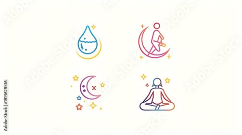 Four vibrant gradient outline icons depicting a water drop, a person on a moon, a moon with stars, and a meditating figure, symbolizing wellness and tranquility.