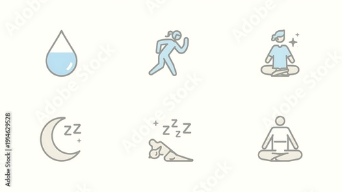 A collection of six minimalist icons representing various aspects of health and wellness, including hydration, exercise, meditation, and sleep.