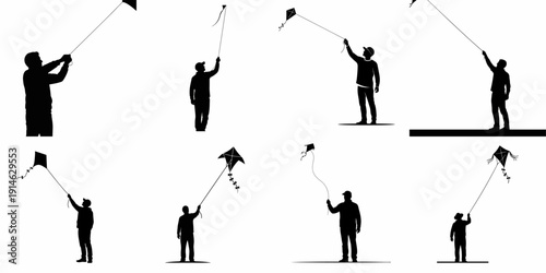 Collection of silhouettes showing men flying various kites, representing outdoor recreational fun and freedom in a minimalist vector style.
