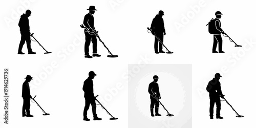 Silhouettes of men metal detecting set: treasure hunters, prospectors, and hobbyists using detectors, isolated vector icons on white background.