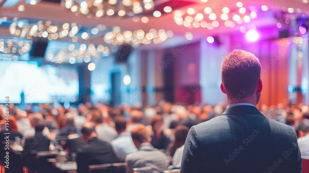 Fototapeta premium A man in a suit stands before a large audience in a brightly lit conference or seminar setting.