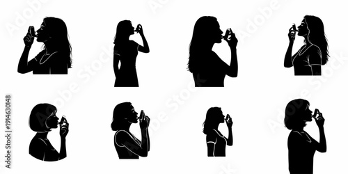 Set of 8 black silhouettes of women using asthma inhalers, illustrating respiratory health, medication administration, and chronic disease management.