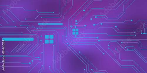 Futuristic purple technology background with glowing blue circuit board lines and digital patterns.