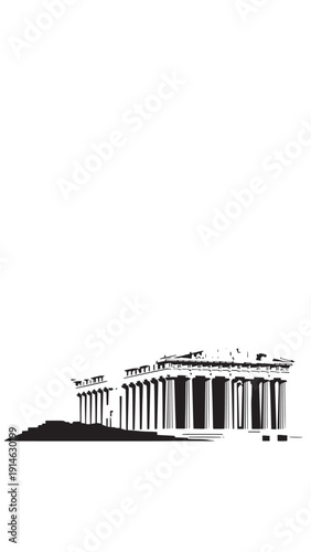 Classical Greek temple silhouette with tall Doric columns and pediment on white background.