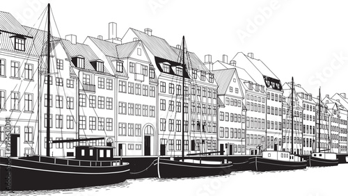 Historic European canal houses line a waterfront skyline in a quiet city scene.