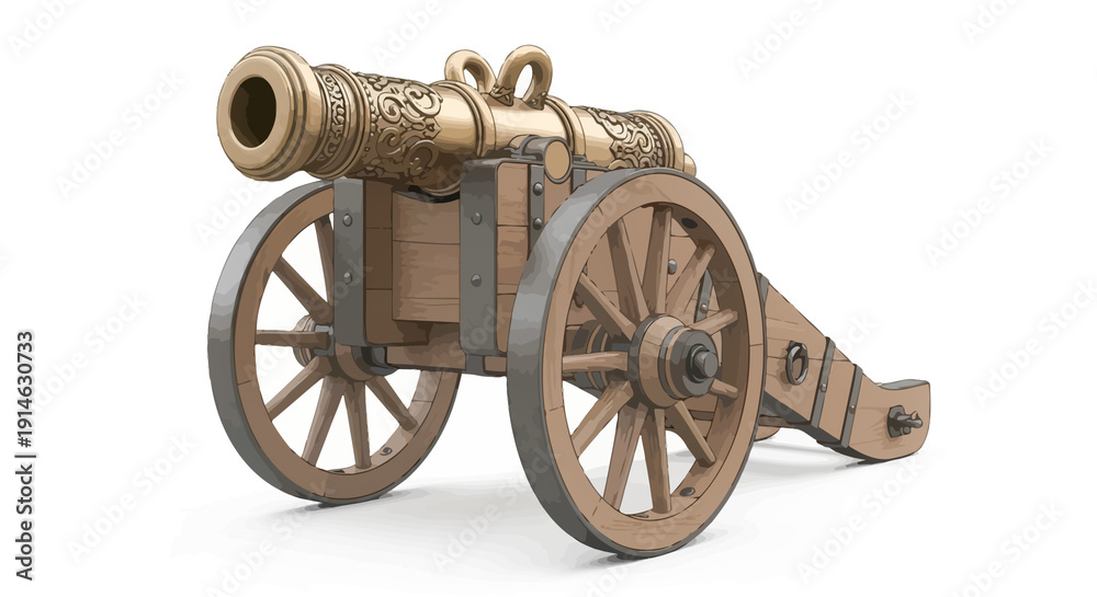 Fototapeta premium Vintage iron military cannon with wooden wheels isolated on a white background as an ancient historical artillery weapon of warfare history