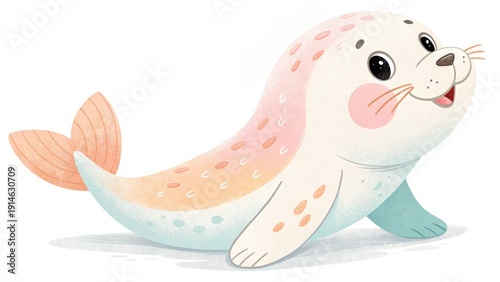 illustration Cute blue baby seal ghost smiling 