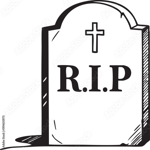 Black and white of a tombstone with R I P and cross gravestone
