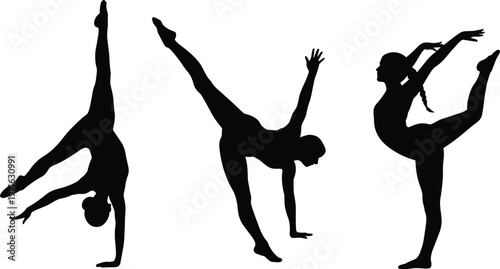 Gymnastics athlete silhouette vector illustration set, female gymnast performing handstand balance and flexibility poses, sports training and fitness activity isolated on light background