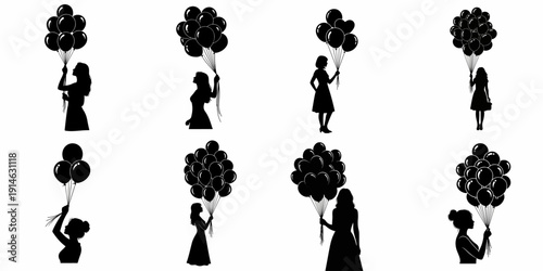 A collection of black vector silhouettes featuring women holding bunches of festive balloons, isolated illustrations symbolizing celebration, femininity, and joy.
