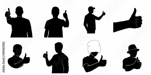 Diverse human silhouettes giving thumbs up gesture set, symbolizing approval, agreement, and success in black and white illustration style.