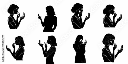 Set of eight elegant black silhouettes showing women applying makeup with powder and mirror, isolated vector illustration.
