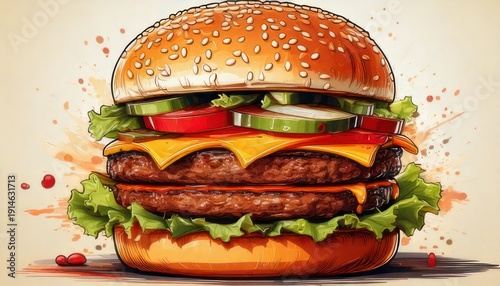 Delicious Double Cheeseburger with Fresh Vegetables and Sesame Seed Bun.