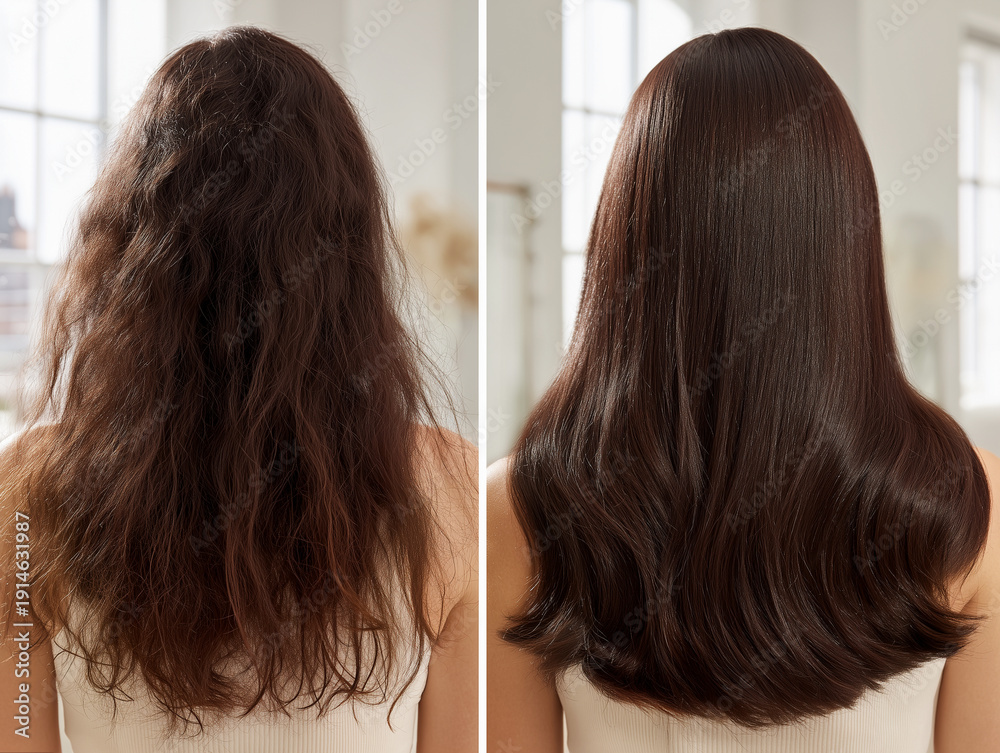 Fototapeta premium Before and after comparison of hair treatment showing dry frizzy brown hair transforming into smooth shiny and healthy locks. Concept of professional hair care and restoration